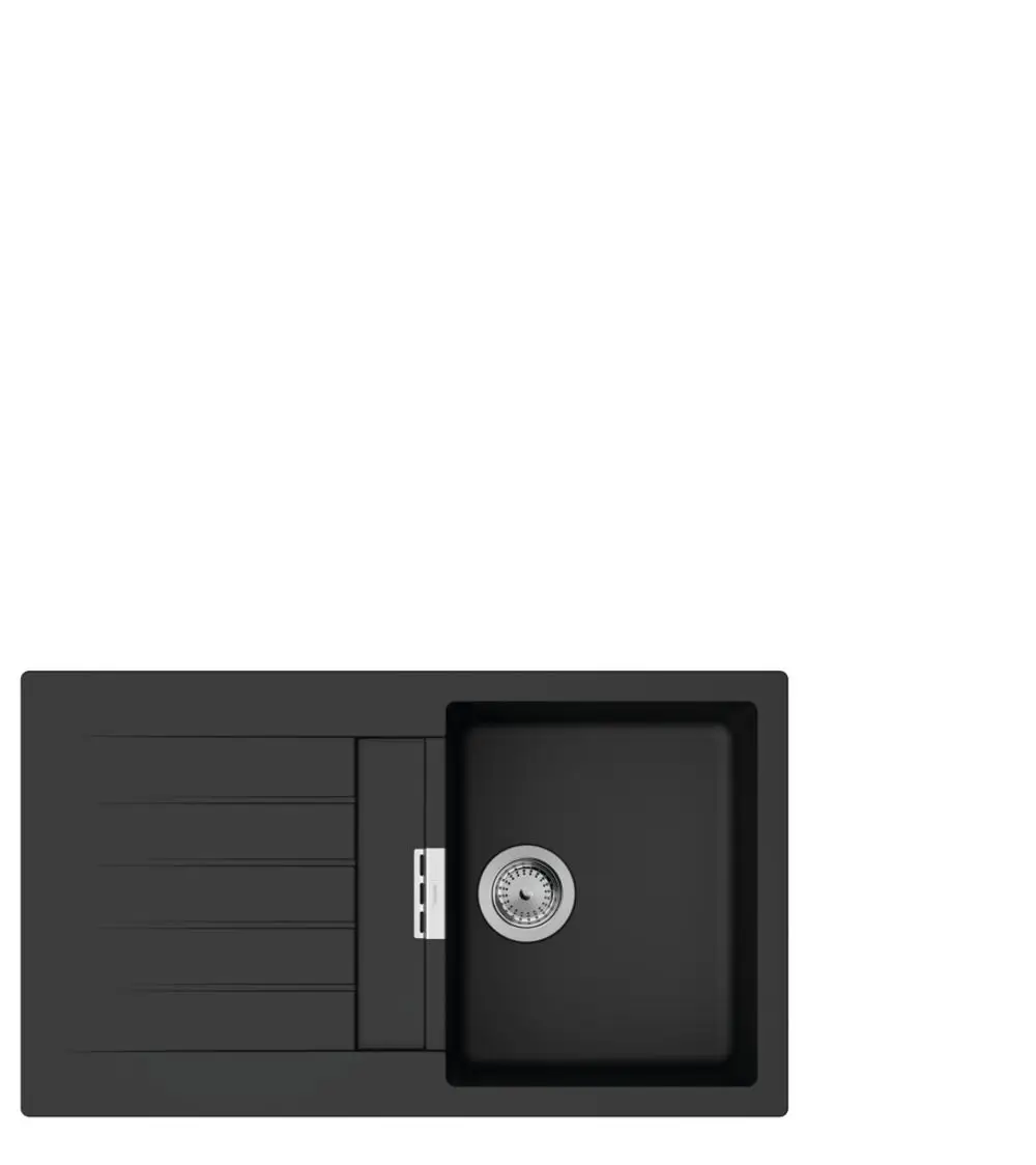 Einbauspüle in Graphitschwarz von Hansgrohe mit einer Abtropffläche auf der linken Seite und einem natürlichen Look.
